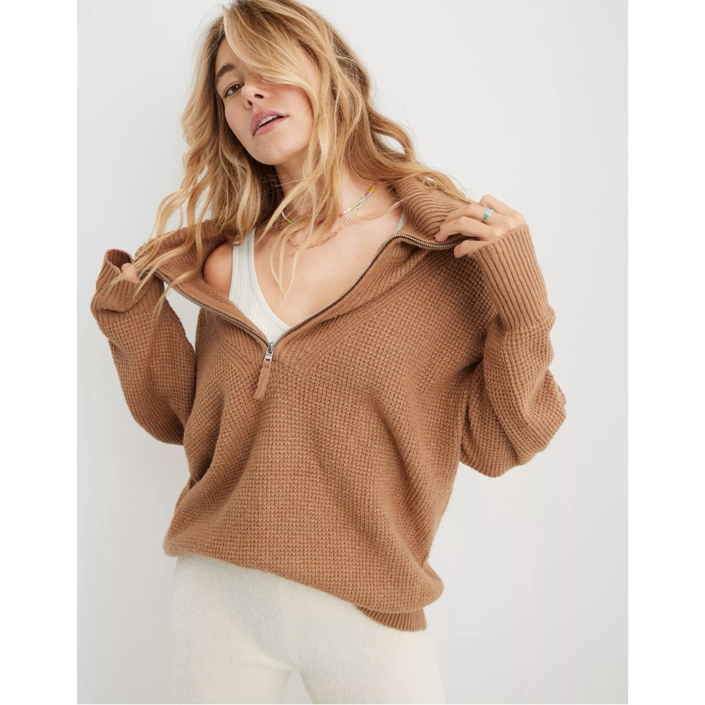 Aerie CozyUp‎ Waffle Quarter Zip Sweater in Cappuccino Brown